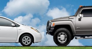 White Toyota Prius facing a Silver Hummer
