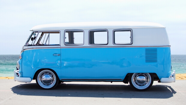 White and blue Volkswagen T1 Westfalia