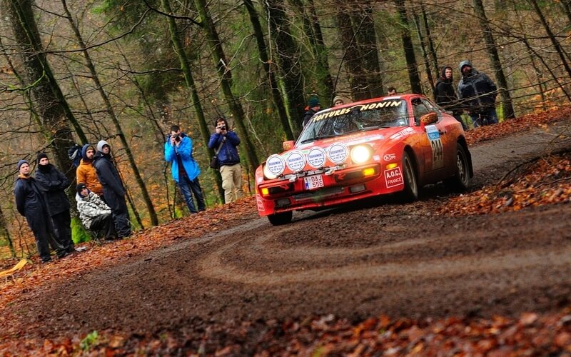 A red Porsche 944 used in rallye racing