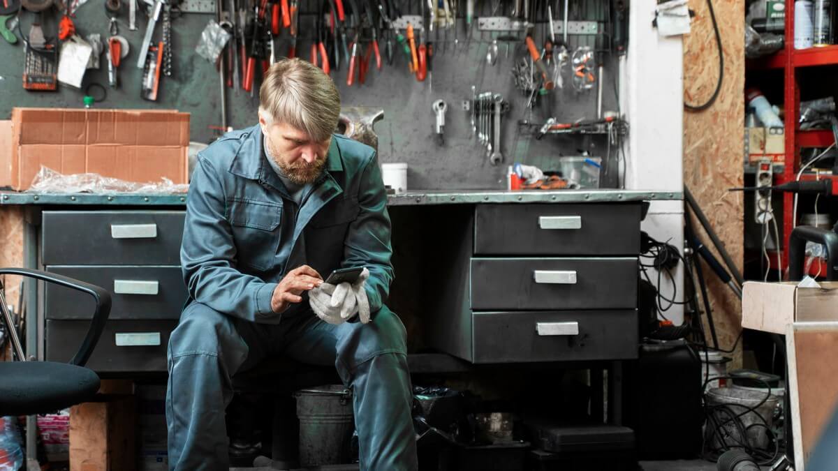 Auto mechanic using phone during downtime